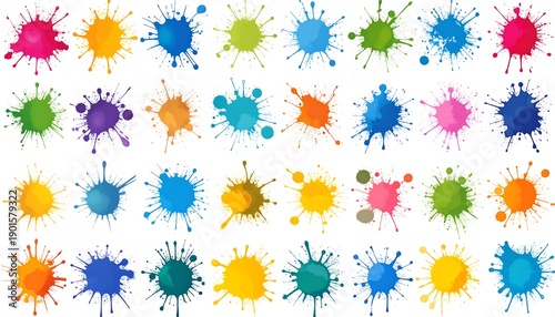 A vibrant collection of colorful paint splashes arranged in a grid. Each splash varies in shape, size, and hue