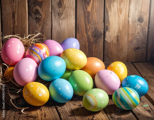 A vibrant collection of decorated eggs rests on wood. A nest holds some, the rest scattered, against a wooden background