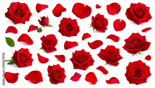 A vibrant collection of deep red roses and detached petals arranged on a stark white backdrop. Various blooms showcase different stages