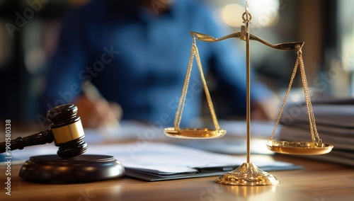 an empty gavel and scales of justice on the desk, with an office worker in a blue shirt working behind it background is blurred to emphasize these objects Generative AI