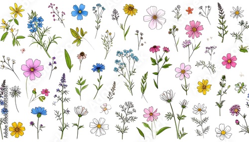 A vibrant collection of diverse wildflowers in various sizes, shapes, and colors, artfully arranged on a white background