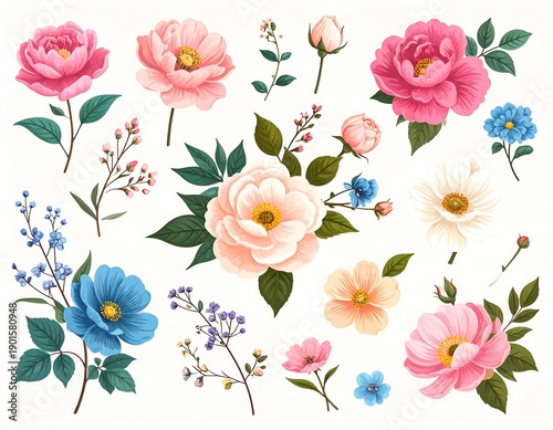 A vibrant collection of floral illustrations, featuring various blooms, buds, and foliage in a whimsical arrangement