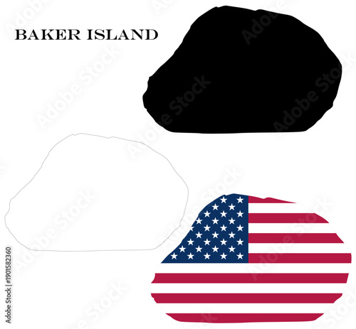 Baker Island Maps Bundle with National Flag, Black Silhouette and Detailed Outline Contours
