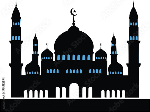The mosque described has an attractive silhouette, which is representative of Islamic architecture. The large central dome, topped by a crescent moon, is a prominent feature that is symbolic of the Is
