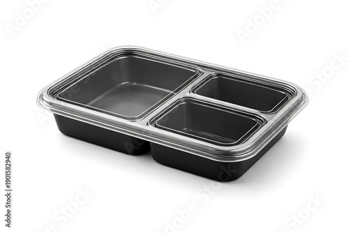 Black plastic food container clear lid three compartment meal prep box