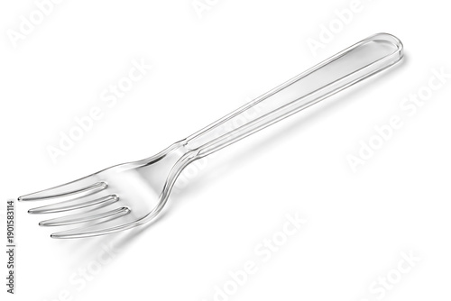 clear plastic fork four tines diagonal white background