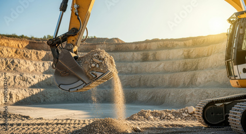 Excavator bucket digging sand in quarry mining site outdoors
