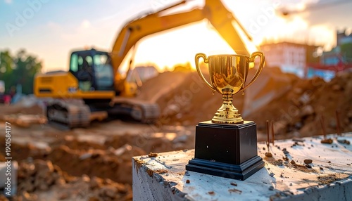 Golden trophy, construction equipment, and dirt heap in the soft sunlight of dusk