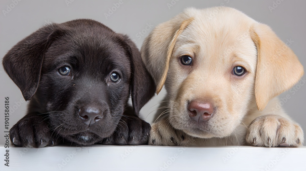 Fototapeta premium Adorable Labrador Puppies - A Charming Duo of Black and Yellow Furry Friends.
