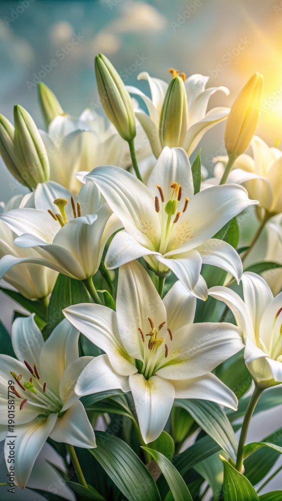 Obraz premium Serene beauty of white lilies fills the air with elegance and sophistication on a warm summer day