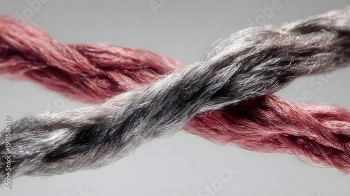 Close-up of intertwined strands of pink and grey yarn, textured and detailed.