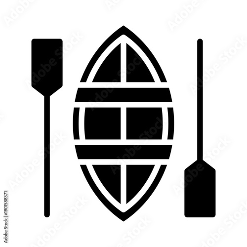 Black solid icon rowboat with oars. Minimalist transportation and vehicles silhouette symbol design.