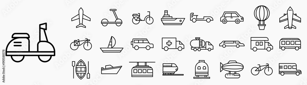 Naklejka premium Vehicles and Transportations Icon set. Containing bicycle, scooter, truck, bus, boat, airplane and more. Icon collection line black.
