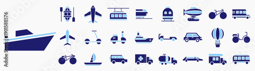 Vehicles and Transportations Icon set. Containing bicycle, scooter, truck, bus, boat, airplane and more. Icon collection Solid blue.