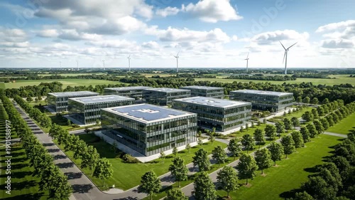 Aerial view of modern glass office buildings with solar panels and wind turbines in a green landscape.
