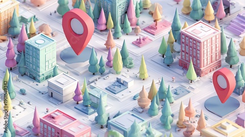 Colorful 3D city map with location markers