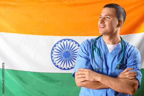 Male nurse against flag of ...
