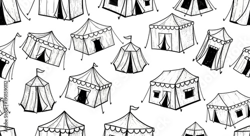 Artistic Illustration of Tents at an Outdoor Festival, Capturing Playful Designs and Patterns in a Whimsical Setting
