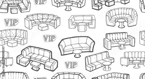 Retro VIP Lounge Furniture Design, Sketches, Interior, Graphic Art, Minimalist Style, Whimsical Patterns