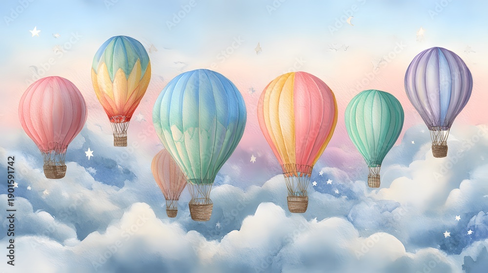 Obraz premium Colorful Hot Air Balloons Floating Above the Clouds in a Dreamy Sky, Watercolor Illustration.