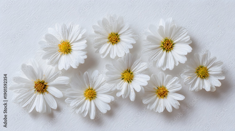 Obraz premium Close-up of beautiful white daisy flowers with yellow centers arranged on a white surface.