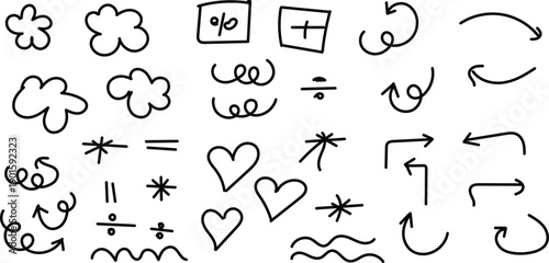 Collection of hand drawn mathematical symbols and icons