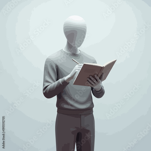 Faceless figure writing in open notebook