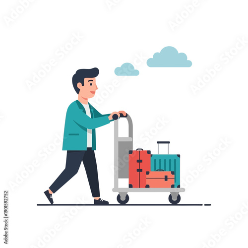 Man pushing luggage cart with suitcases, travel concept