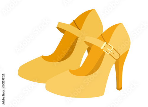Mary Jane pump women yellow heel flat pair. Strap round toe vintage dress footwear for party, wedding, daytime events Technical illustration, CAD mockup, smooth vector men unisex isolated girly style.
