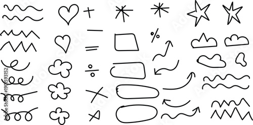 Collection of hand drawn symbols and mathematical icons