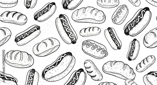 Creative Black and White Illustration of Hot Dogs and Buns in a Fun Pattern, Food Art, Playful Design, Culinary Inspiration