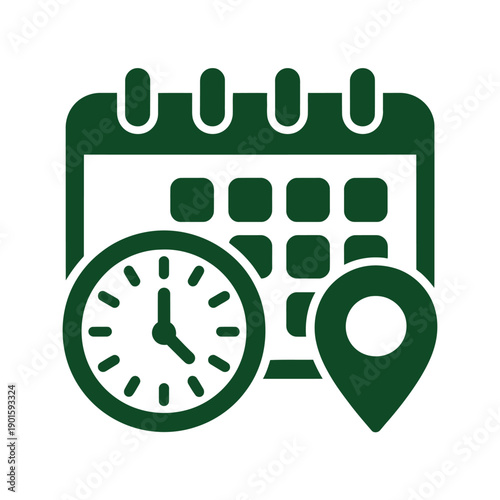 A green icon of a calendar, clock, and map pin on a white background, representing organization and scheduling.