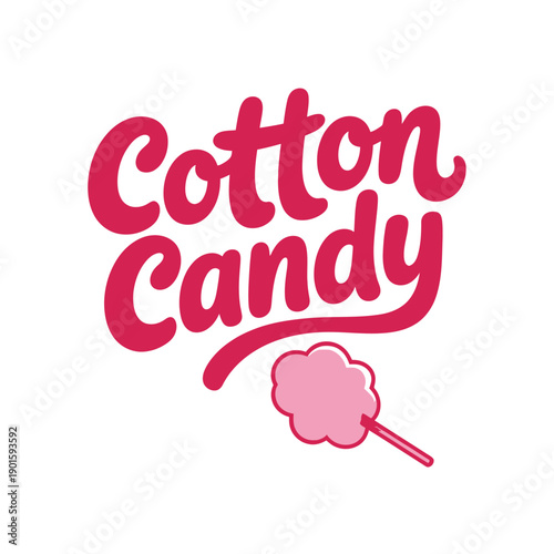 A colorful cotton candy logo on a white background with pink text and a fluffy candy graphic