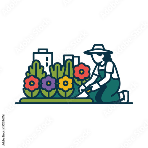 A woman in a hat and overalls tends to a vibrant flower garden in an urban setting with a city skyline in the background.