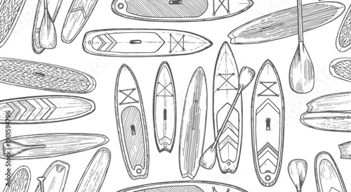 Paddleboarding, Subject: Stand-Up Paddleboards, Location: Open Water, Content Type: Illustration, Environment: Outdoor, Viewpoint: Aerial, Concept: Water Activities