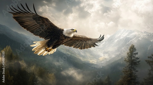 Majestic Bald Eagle Soaring Above Mountainous Landscape