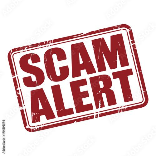A red scam alert stamp on a white background warning of potential fraud