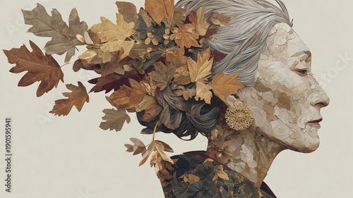 高齢女性が銅葉で彩られた横顔