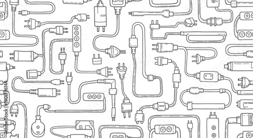 Illustration of Various Electrical Cables and Plugs, Technology, Creative Design, Minimalist Style, Abstract Viewpoint