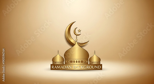 Elegant golden mosque silhouette featuring a crescent moon and star, symbolizing Islamic culture and spiritual celebration, ideal for Ramadan or religious event backgrounds and greetings