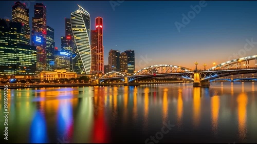 Cityscape at dusk featuring modern architecture and a reflective river