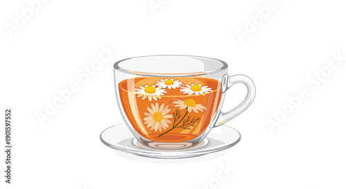 Inviting pixel art illustration of a clear glass teacup filled with soothing chamomile tea, complete with floating