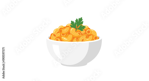 Classic and comforting cartoon illustration of a bowl brimming with creamy macaroni and cheese, elegantly garnished