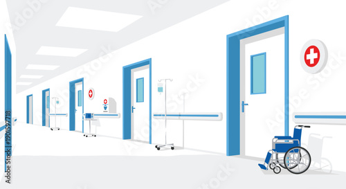 Bright Hospital Corridor with Blue Doors, Medical Equipment, and a Wheelchair, Illustrating Accessibility and Patient