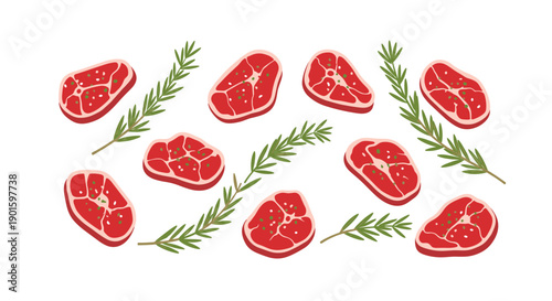 Array of Raw Beef Steaks and Fresh Rosemary Sprigs Scattered Artfully on a White Background, Highlighting Premium