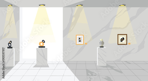 Modern Art Gallery Interior with Sculptures on Marble Pedestals and Framed Paintings, Beautifully Illuminated by Warm