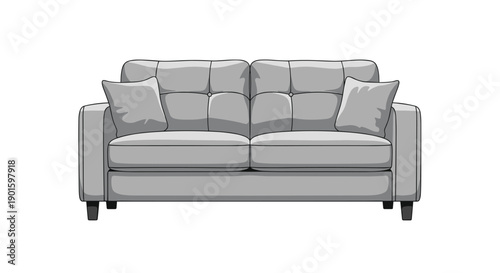 Comfortable Gray Two-Seater Sofa with Tufted Back and Plush Cushions, an Ideal Piece of Modern Furniture for Living