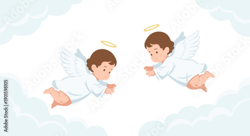 Two adorable cherubic baby angels with golden halos gently flying amidst soft, fluffy clouds, evoking a peaceful,
