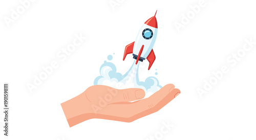A small rocket taking off from an open human hand, emitting smoke and fire, powerfully symbolizing a successful startup