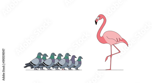 An elegant pink flamingo faces a disciplined row of grey pigeons, illustrating a clear contrast and emphasizing themes